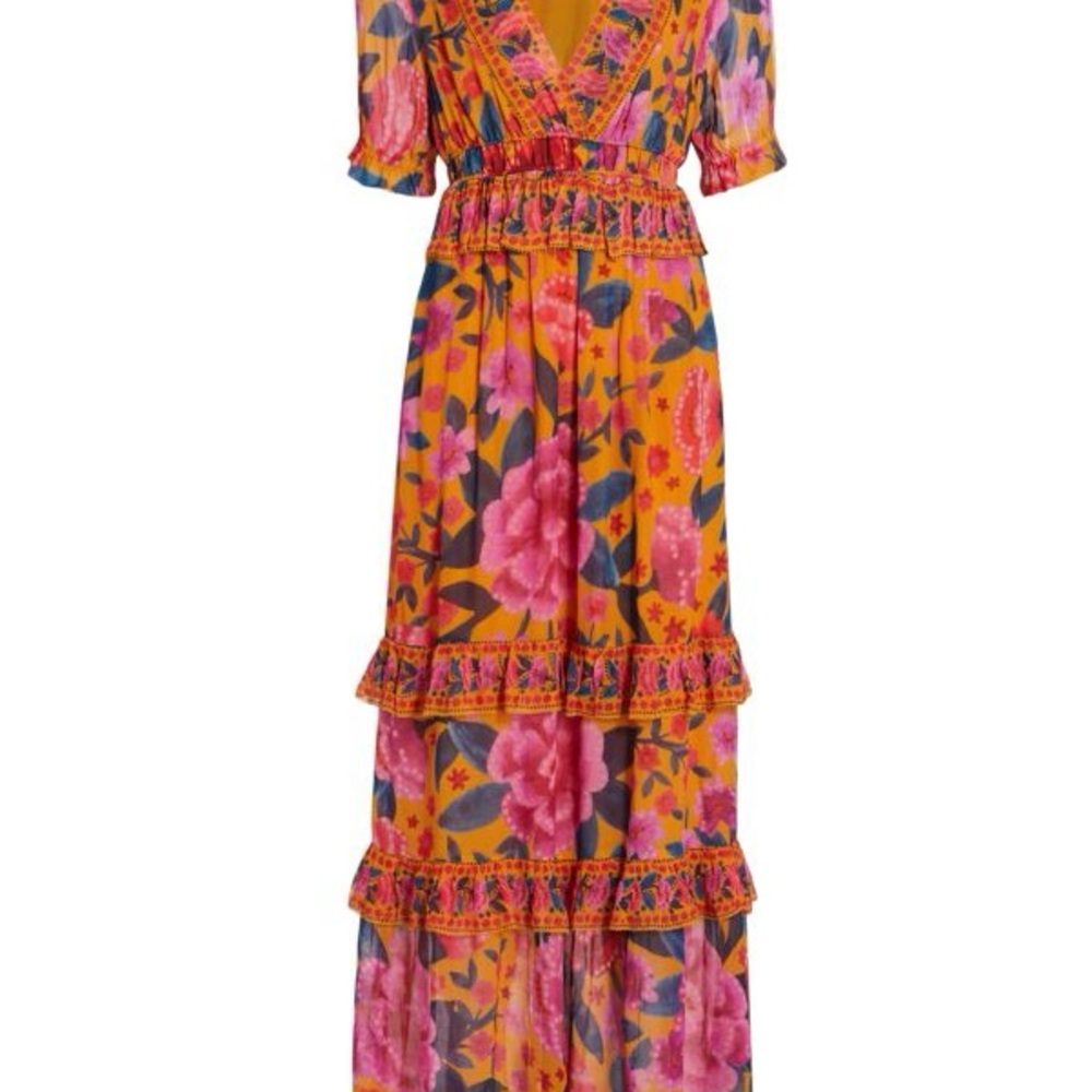 FARM Rio Orange and Pink Tiered Maxi Dress with Puff Sleeves